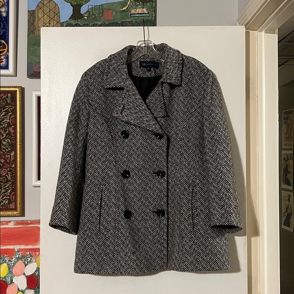 Anne Klein black/cream car coat. Double breasted button closure. Pockets. - Picture 1 of 10